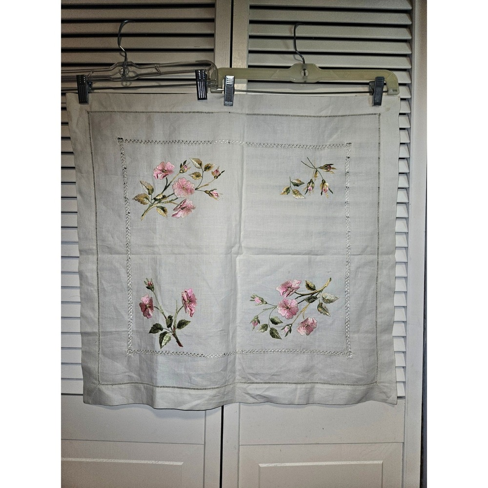 Vintage Hand Embroidered White Linen Tea Tablecloth Pink Wild Rose Hemstitch